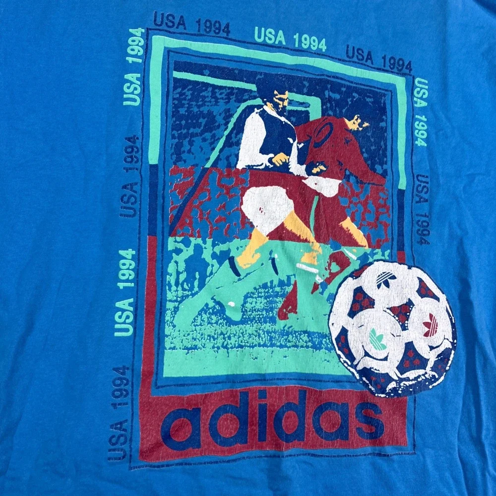 Vintage Adidas T-Shirt Mens Large Blue USA 1994 World Cup Soccer Single Stitch